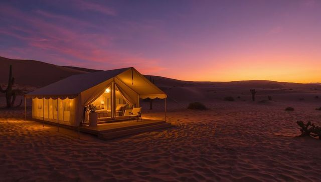 Luxury Glamping Tent in Enchanting Desert at Sunset
