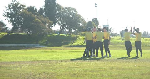 Baseball teammates celebrating here with high-fives outdoors at sunset