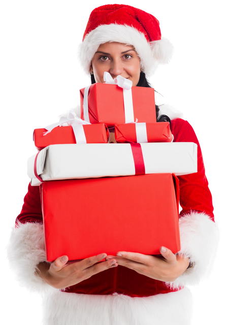 Smiling Woman in Santa Costume Holding Stack of Christmas Gifts Transparent - Download Free Stock Videos Pikwizard.com