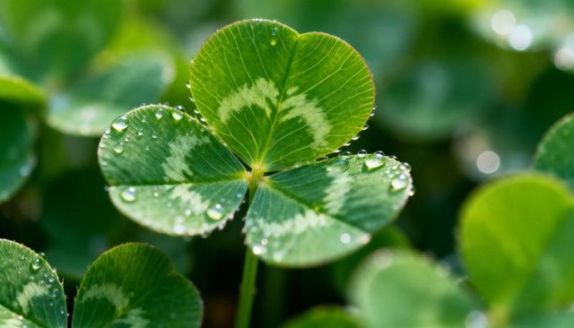 Four-Leaf Clover Glistening with Dew Drops Macro Closeup Variegated Shamrock Texture