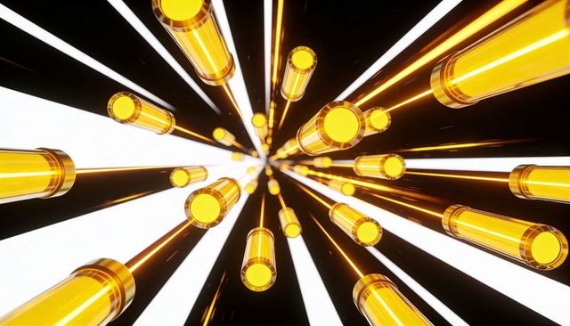 Glowing yellow cylinders converging toward vanishing point creating 3d neon vortex