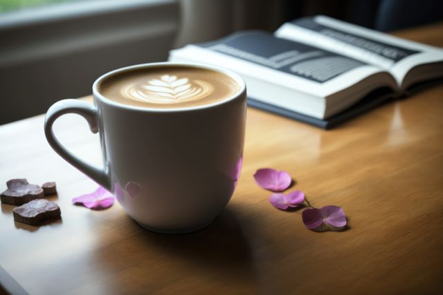 A latte with intricate art is on a wooden table next to an open book. Pink flower petals are scattered on the table, enhancing the scene's serene and cozy ambiance. Ideal for illustrating relaxation, leisure, cozy mornings, literature enjoyment, or promoting cafes and coffee culture.