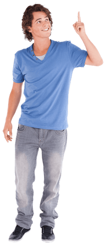 Transparent Young Man in Blue Shirt Pointing Upward Confidently - Download Free Stock Videos Pikwizard.com