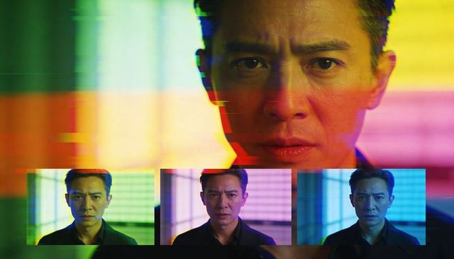 Staring midlife asian man with furrowed brow, chromatic glitch portrait cinematic closeup