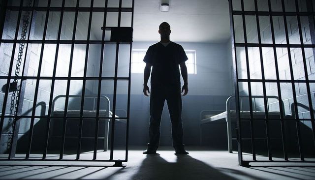 Backlit inmate silhouette standing in prison cell with metal bars and bunk beds