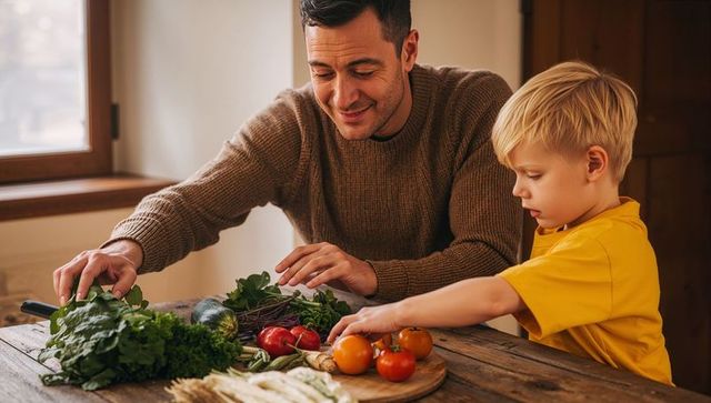 Father and son preparing fresh vegetables together in sunny rustic kitchen for family meal