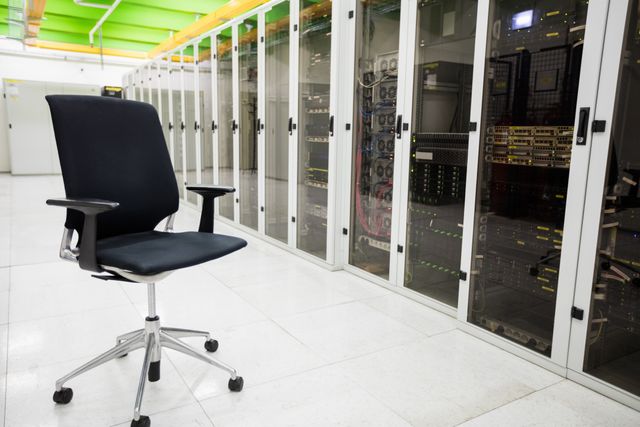 Empty office chair in modern data center with rows of server racks. Ideal for illustrating IT environment, technology infrastructure, office settings, and remote work concepts.