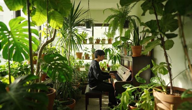 Young man playing upright piano in sunlit indoor garden filled with lush potted plants