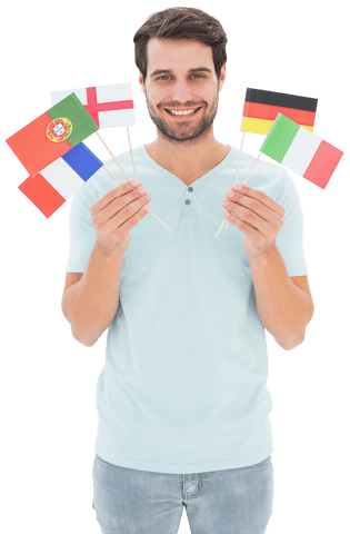 smiling man holding european national flags, transparent background - Download Free Stock Videos Pikwizard.com