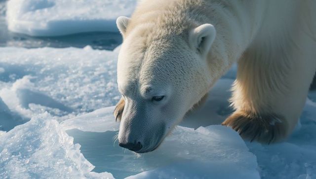 Polar bear exploring ice floes in arctic ocean