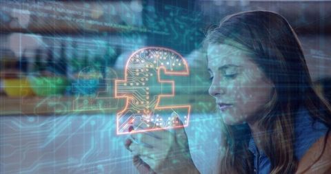 Woman analyzing smartphone overlaid with digital pound symbol