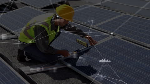 Engineer Working on Solar Panels with Digital Network Overlay