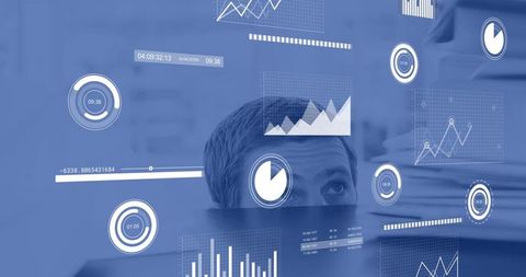 Mid-Adult Man Peeking Over Monitor Observing Futuristic Data Dashboard HUD