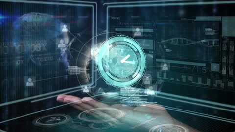 Futuristic Clock Overlay With Technological Graphs and Data