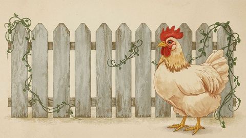 Majestic cartoon chicken near rustic farmyard fence with vines
