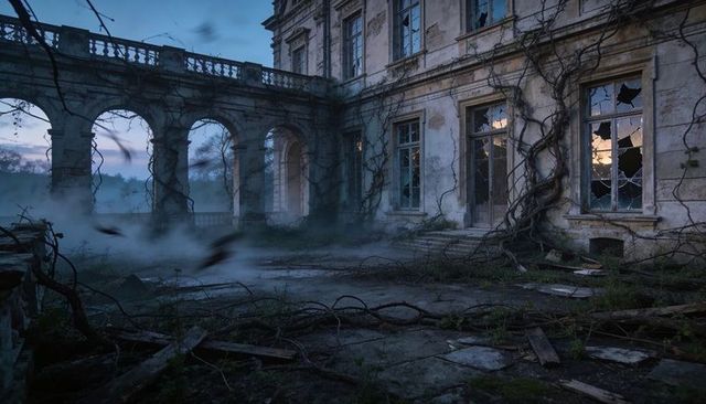 Crumbling mansion facade with climbing vines, shattered windows, mist-filled terrace