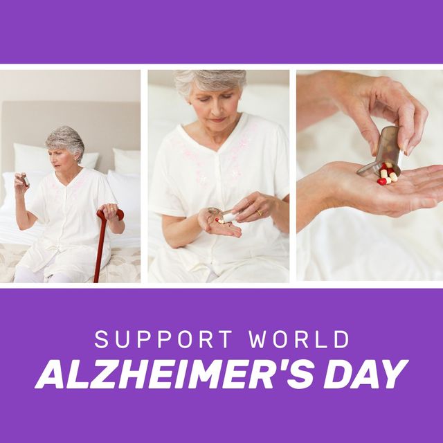 Collage of caucasian senior woman with medicines in hospital and support world alzheimer's day text. Copy space, illness, digital composite, disease, healthcare, awareness and campaign concept.