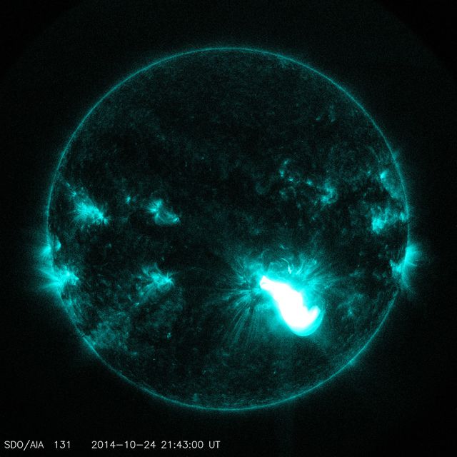 SDO AIA image of the X3.1 flare in 131 angstrom light from 21:43 UT on October 24, 2014.  Credit:NASA/SDO  More info: The sun emitted a significant solar flare, peaking at 5:40 p.m. EDT on Oct. 24, 2014. NASA's Solar Dynamics Observatory, which watches the sun constantly, captured images of the event. Solar flares are powerful bursts of radiation. Harmful radiation from a flare cannot pass through Earth's atmosphere to physically affect humans on the ground, however -- when intense enough -- they can disturb the atmosphere in the layer where GPS and communications signals travel.  This flare is classified as an X3.1-class flare.  X-class denotes the most intense flares, while the number provides more information about its strength. An X2 is twice as intense as an X1, an X3 is three times as intense, etc.  The flare erupted from a particularly large active region -- labeled AR 12192 -- on the sun that is the largest in 24 years. This is the fourth substantial flare from this active region since Oct. 19.  Credit: NASA's Goddard Space Flight Center  <b><a href="http://www.nasa.gov/audience/formedia/features/MP_Photo_Guidelines.html" rel="nofollow">NASA image use policy.</a></b>  <b><a href="http://www.nasa.gov/centers/goddard/home/index.html" rel="nofollow">NASA Goddard Space Flight Center</a></b> enables NASA’s mission through four scientific endeavors: Earth Science, Heliophysics, Solar System Exploration, and Astrophysics. Goddard plays a leading role in NASA’s accomplishments by contributing compelling scientific knowledge to advance the Agency’s mission.  <b>Follow us on <a href="http://twitter.com/NASAGoddardPix" rel="nofollow">Twitter</a></b>  <b>Like us on <a href="http://www.facebook.com/pages/Greenbelt-MD/NASA-Goddard/395013845897?ref=tsd" rel="nofollow">Facebook</a></b>  <b>Find us on <a href="http://instagrid.me/nasagoddard/?vm=grid" rel="nofollow">Instagram</a></b>