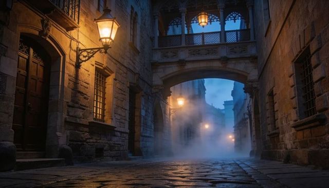 Glowing lanterns lining cobblestone alley under ornate stone archway at misty twilight