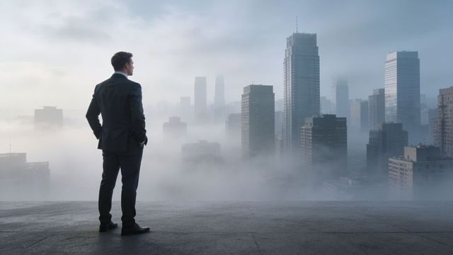 Businessman standing on rooftop surveying foggy urban skyline, corporate leadership vision