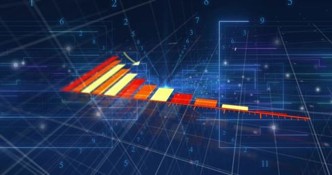 Slanted 3D descending bar chart on futuristic virtual analytics grid with neon data stream