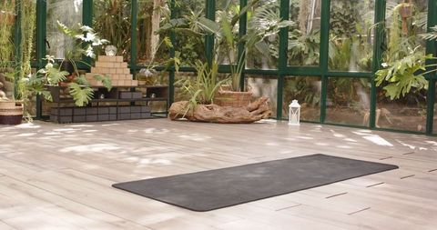 Peaceful Yoga Space in Glass House Surrounded by Lush Greenery