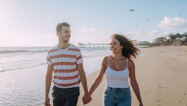Young couple walking hand in hand on sunny beach near pier smiling and laughing