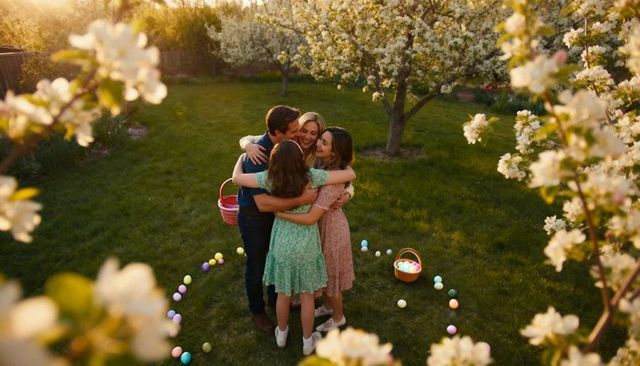 Family hugging in blossom orchard at golden hour during spring easter egg hunt with baskets