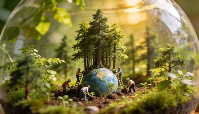 Planting forest on miniature earth inside glass terrarium, sustainability restoration concept