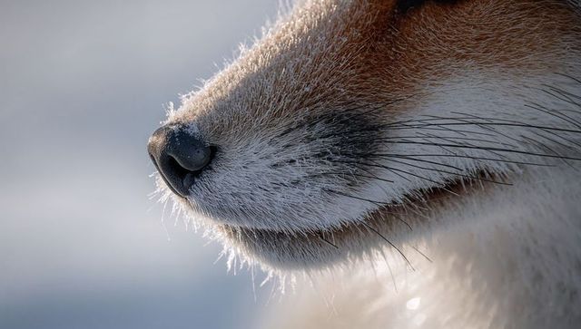 Vulpine muzzle showing frosted whiskers and wet black nose rimlit by winter light