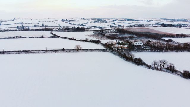 Expansive aerial view capturing pristine snowy fields and hedgerows in winter. This serene scenic landscape can be used effectively for emphasizing tranquility and the beauty of winter nature. Ideal for seasonal backgrounds, holiday promotions, travel brochures, or nature-themed projects.