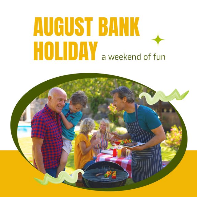 August bank holiday text with happy three generation caucasian family having barbecue in garden. National promotional campaign celebrating the summer bank holiday day in ireland.