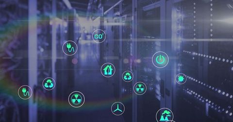Futuristic data center aisle showing energy and sustainability icons with neon bokeh