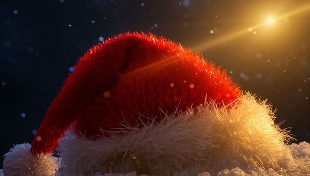 Glowing Plush Santa Hat Catching Golden Rim Light on Snow with Sparkling Snowflakes