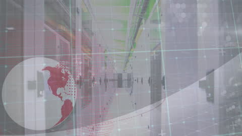 Digital Globe Overlay on Modern Server Room