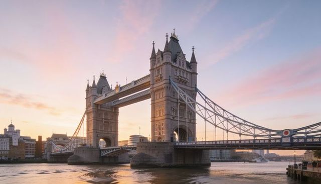 Sunset glow on tower bridge over river thames with gothic towers and reflections