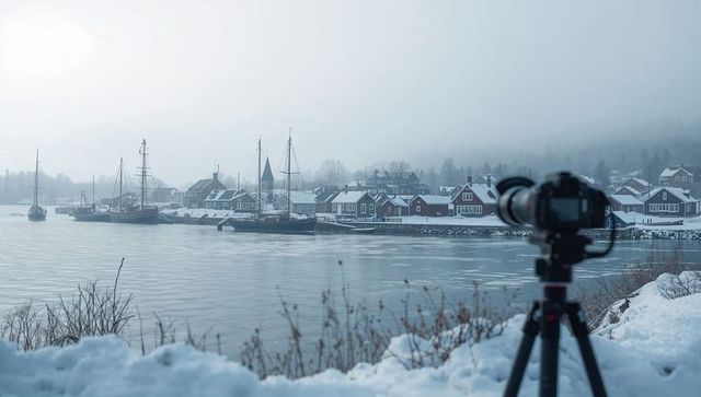 Telephoto camera capturing misty snow harbor village on frozen bay with docked sailboats