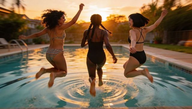 Three friends jumping into backyard pool at golden hour evening, splashing water, summer fun