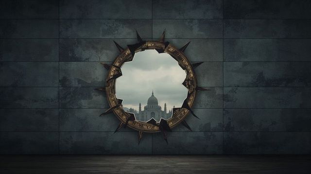 Mysterious portal with spikes opening to cathedral skyline