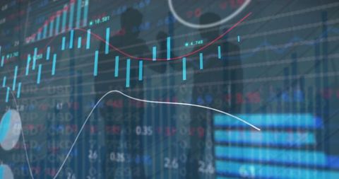 Financial Data Visualization Overlaying Businessmen Silhouettes