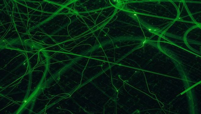 Glowing Green Arcs Crossing Digital Interface with Futuristic Nodes