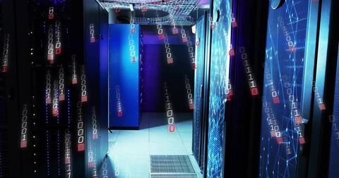 Futuristic data center aisle displaying glowing server racks with binary code overlay
