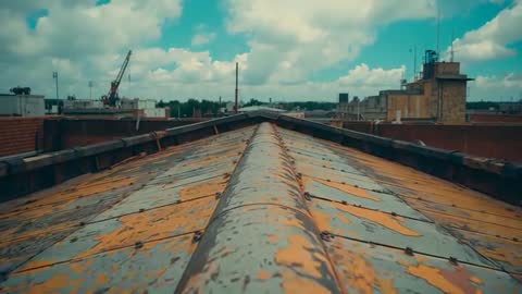 Exploring a Rusted Industrial Rooftop with Distant Crane
