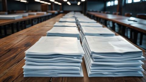 Stacked paper documents in industrial warehouse setting