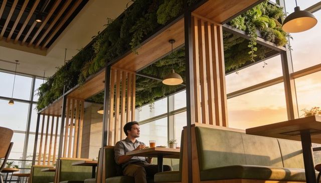 Man enjoying drink at green cafe booth during golden sunset glow