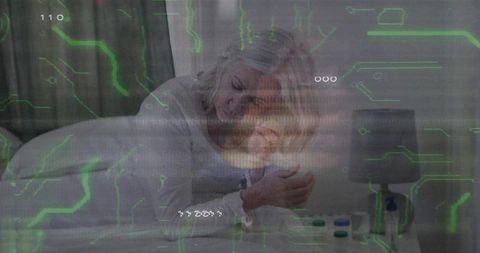 Mother Holding Child on Bed with Digital Overlay