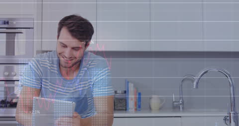 Businessman Using Tablet with Financial Data Processing Overlay