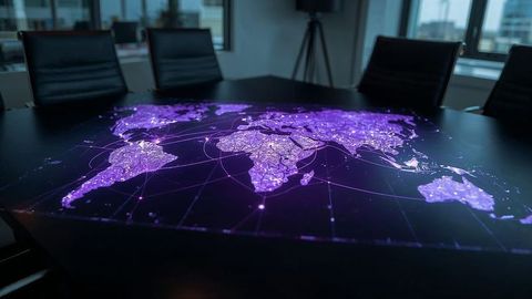 Holographic World Map Displayed in Modern Conference Room
