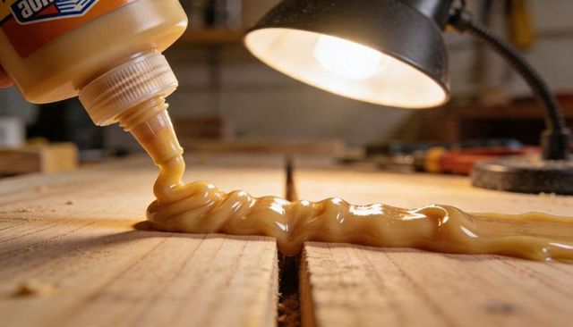Applying yellow woodworking glue into plank seam under lamp closeup for carpentry
