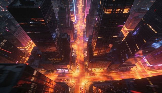 Neon-lit downtown night aerial showing glowing intersection and reflections on skyscrapers